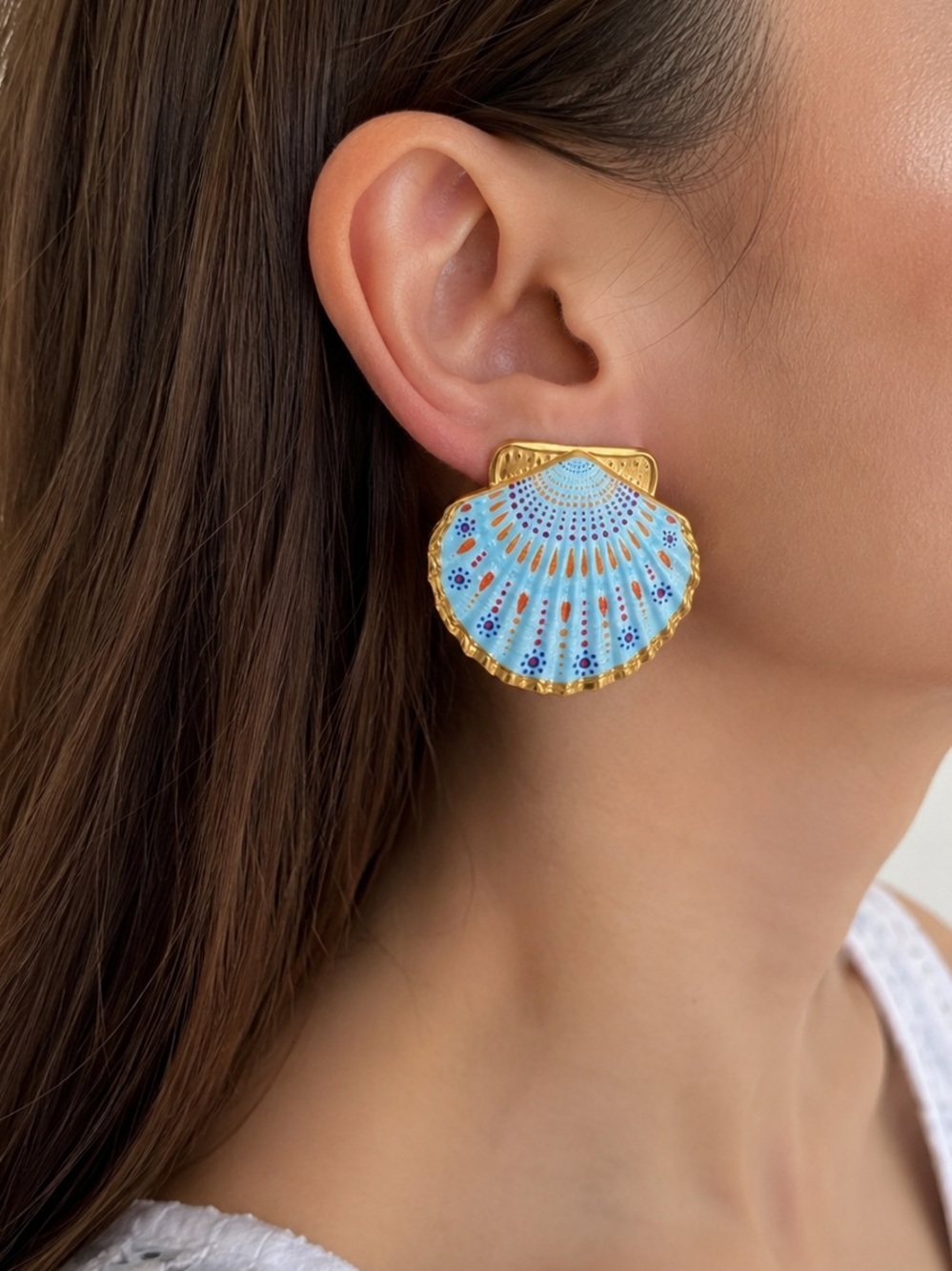 Coastal Seashell Statement Earrings | Blue Enamel & Gold Tone Stainless Steel